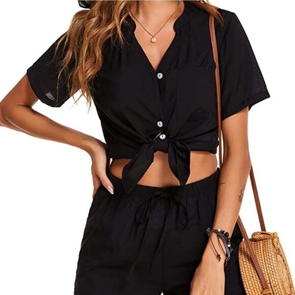 NWT Ekouaer Women Loose Button down Printed Beach 2 Piece Shorts Set - Picture 4 of 9